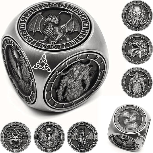 DND Spinner Dice, 7 in 1 Unique Metal Dice Set with 3D Relief for Dungeons and Dragons Gifts, Cool Polyhedral Role Playing Game Dice, Fantasy D&D Tabletop RPG Accessories for DM & Player (Silver)
