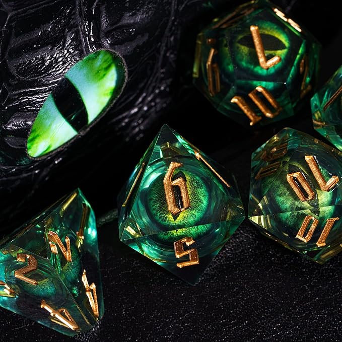 7PCS DND Dice Set,Dragon Eye Liquid Core Sharp Edge Dice Set RPG Polyhedral Die,for Dungeons and Dragons TTRPG Games Roleplaying Games Pathfinder,with Gift Box(Eyeball Green)