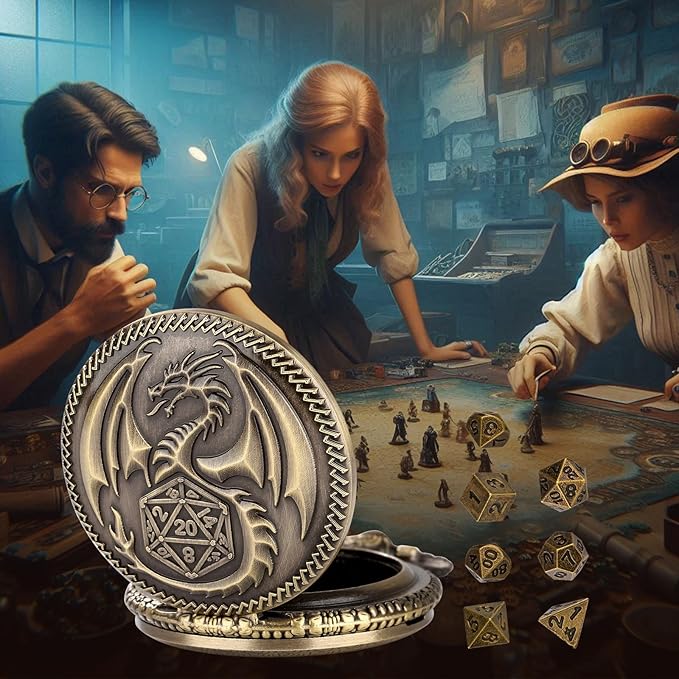 Mini DND Dice Set with Steampunk Dragon Pocket Watch Case, Tiny 7-Piece Polyhedral Metal D&D Dice, DND Gifts with Dragon Logo Gift Bag, Role Playing Game Board Game Accessories Dice, Bronze