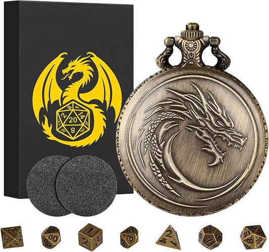 Mini DND Dice Set with Steampunk Dragon Head Totem Pocket Watch Case, Tiny 7PCS Polyhedral Metal D&D Dice, DND Gifts with Gift Box, Role Playing Game Board Game Accessories Dice, Bronze
