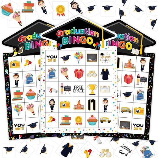 Graduation Bingo Games Cards Congrats Grad Game for 24 Players Class of 2025 Family Bingo for Boys Girls Kids Adults Classroom Activities Kindergarten Preschool High School College Party Supplies
