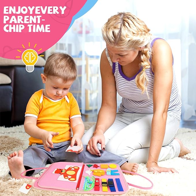 Montessori Busy Board Toys, Sensory Board for Toddlers 1-3, Travel Felt Busy Book for Airplane Car, Activity Busy Mat for Learning Fine Motor Skills Suits Boys Girls Birthday Gifts Pink/P1