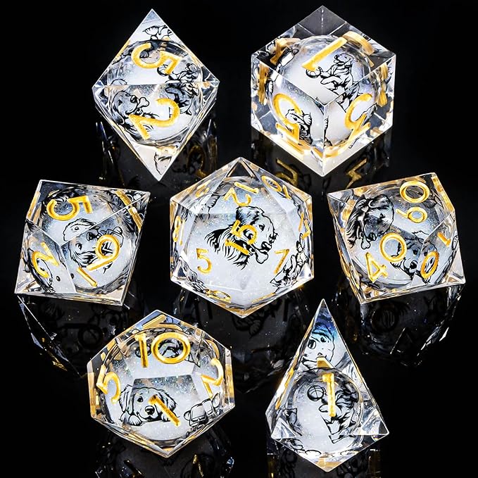 KERWELLSI Dog Liquid Core DND Dice Set with Gift Box, 7 Pcs Resin Sharp Edged Dice, Role Playing Dice D20 D12 D10 D8 D6 D4, White and Gold