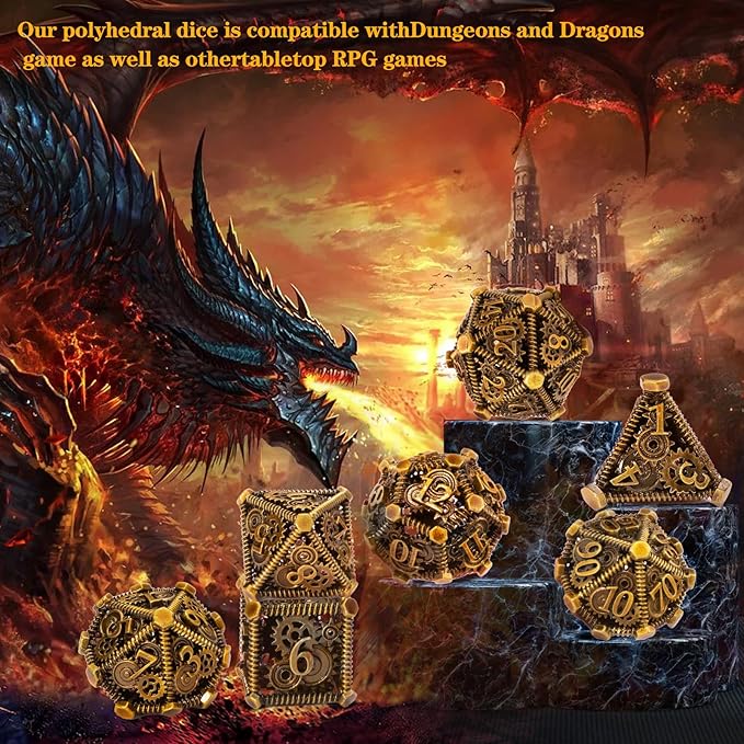 DND Metal Dice Set, UBEUCK 7PCS Gear Metal DND Dice Set for Dungeons & Dragons Board Games Boxes (Gear Ancient Golden)