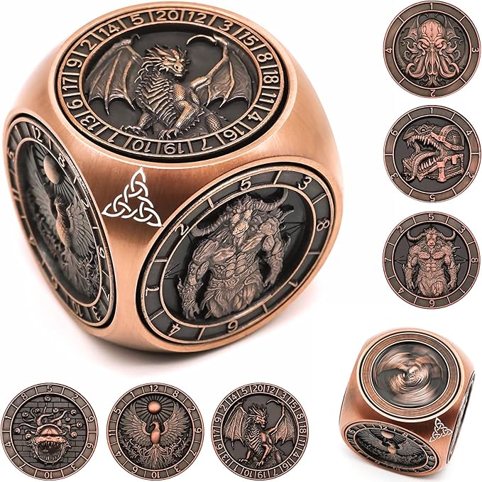 DND Spinner Dice, 7 in 1 Unique Metal Dice Set with 3D Relief for Dungeons and Dragons Gifts, Cool Polyhedral Role Playing Game Dice, Fantasy D&D Tabletop RPG Accessories for DM & Player (Copper)