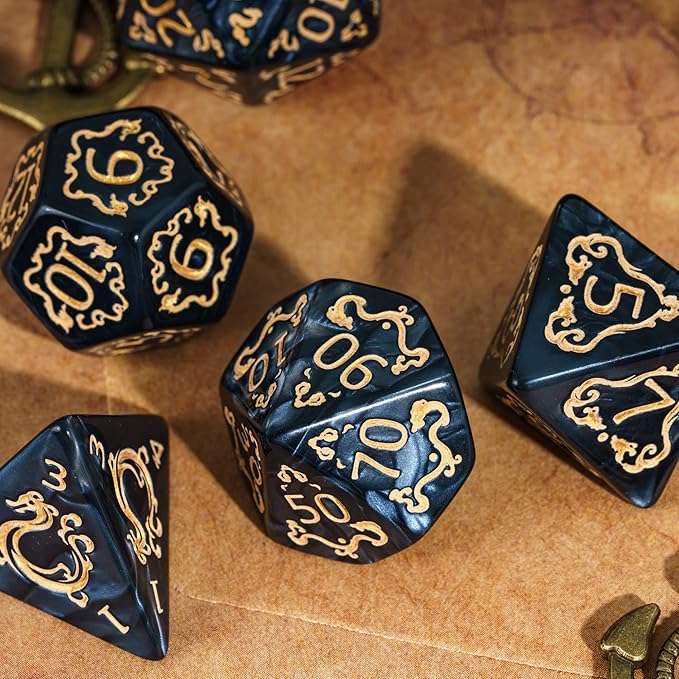 7-Die DND Dice Set Dragon Pattern Polyhedral Dice Set with Leather Bag D&D Dice Set for Dungeons and Dragons RPG MTG Table Games (Black W/Gold Dragon Pattern)
