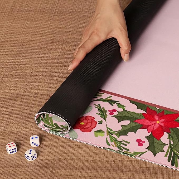 Large Mahjong Mat with Red & Green Floral Print, Anti-Slip, Noise-Reducing Table Cover for Mahjong, Poker, Board Games, Dominoes, and Card Games (31.5” x 31.5”)