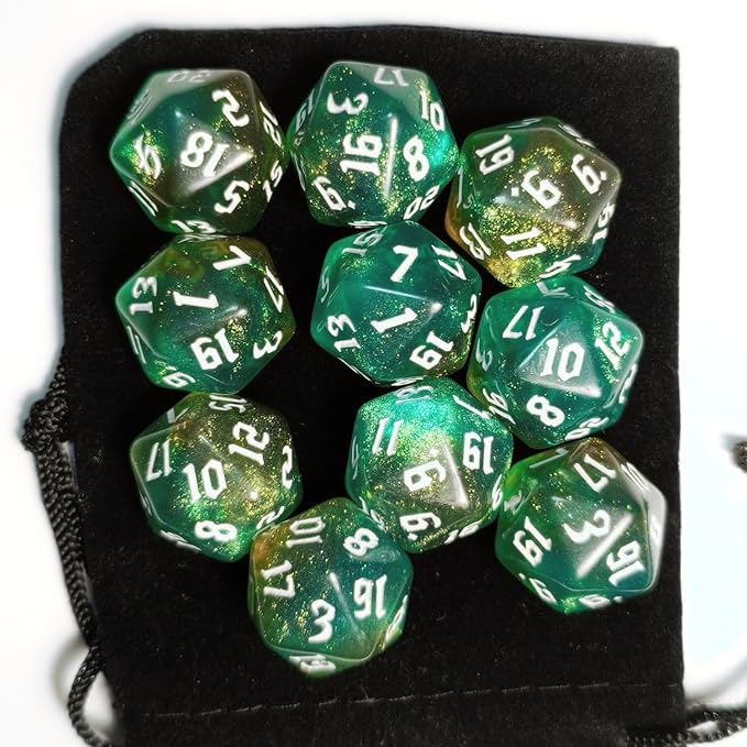 10PCs D20 Polyhedral Dice Set 22mm for DND RPG MTG Dungeons and Dragons Dice (Green+Curry)
