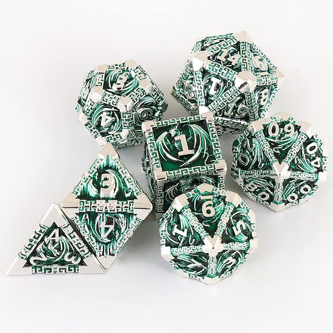 DND Dice Metal Dragon Set,Unique Dragon Design Dice with Gift Dice Bag for Dungeons & Dragon Games,Magic The Gathering,D and D D&D Dice Set (Silver Green)