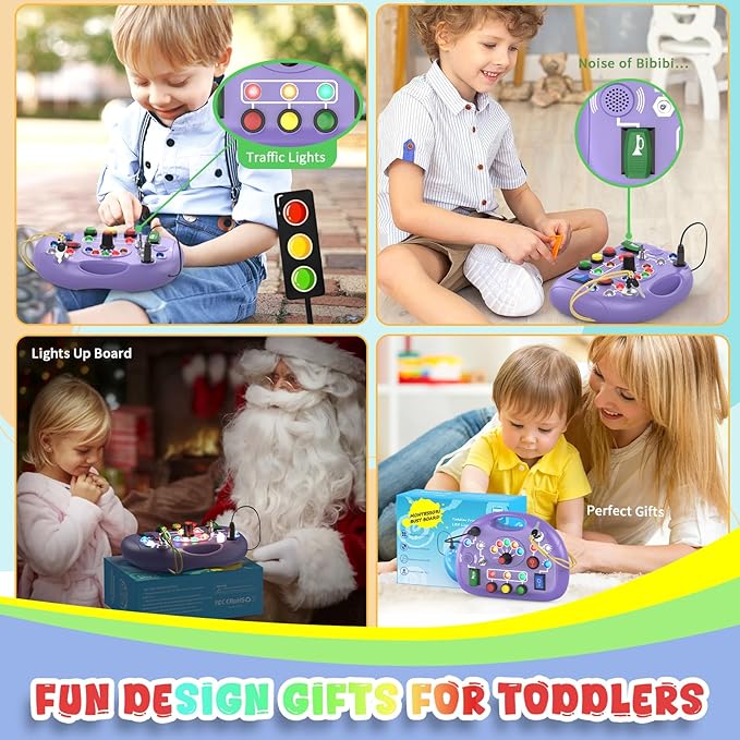 Busy Board with LED Light, Toddler Montessori Toys for 1+ Year Old, Baby Sensory Board for Toddlers Travel Toys, Preschool Graduation Gift for Kids Boy Girl Easter Gifts (Purple)
