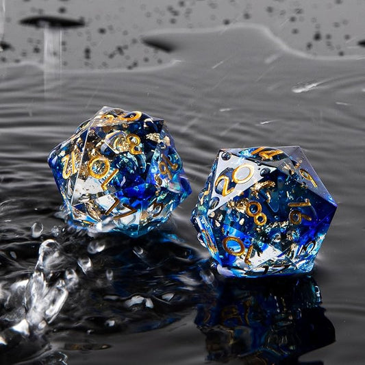 YEMEKO Single D20 Dice - 22mm, 20 Sided D&D Dice for Dungeons and Dragons, DND Dice with Resin Sharp Edge, Handmade Polyhedral for RPG, Roleplaying Games MTG Table Games(Dark Blue Gold)