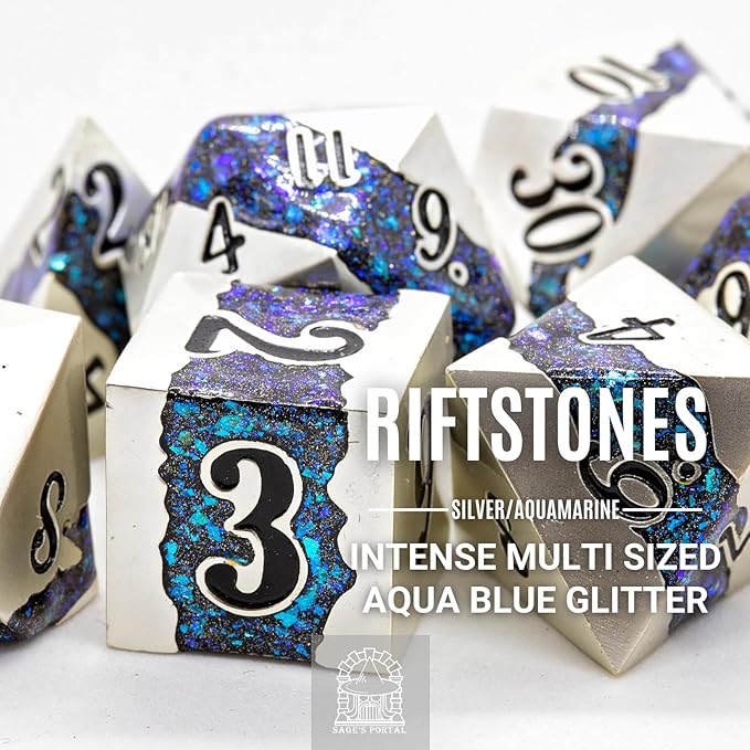 Sage's Portal Metal Riftstone DND Dice 7-PC Polyhedral Dice Set for DND TTRPG Dungeons and Dragons Pathfinder Oversized Designer Dice (Pearl Silver/Aquamarine)
