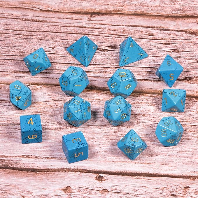 TUMBEELLUWA Engraved Crystal Stone Polyhedral Dice Set for RPG MTG Dungeons and Dragons Table Game 7 Pieces DND Board Game Dices with Pouch, Blue Howlite Turquoise