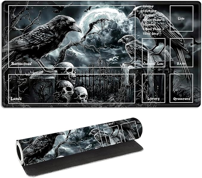 for MTG Playmat with Zones Storage Bag, for TCG Playmat and Playing Card Mat for Magic Board Games, Ravens Skull Non-Slip Stitched Edges Game Mat, Rollable Foldable Card Playmats