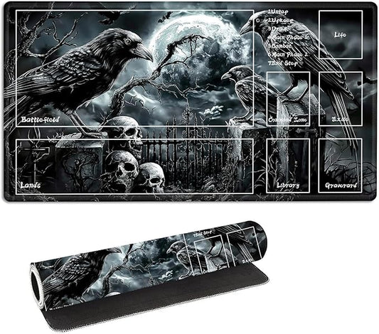 for MTG Playmat with Zones Storage Bag, for TCG Playmat and Playing Card Mat for Magic Board Games, Ravens Skull Non-Slip Stitched Edges Game Mat, Rollable Foldable Card Playmats