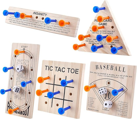 SUPERFINDINGS Wooden Peg Games Assortment Kit Wooden Board Game Set Including 5 Style Wooden Game Board and Plastic Pieces and Dice Puzzle Brain Games Set