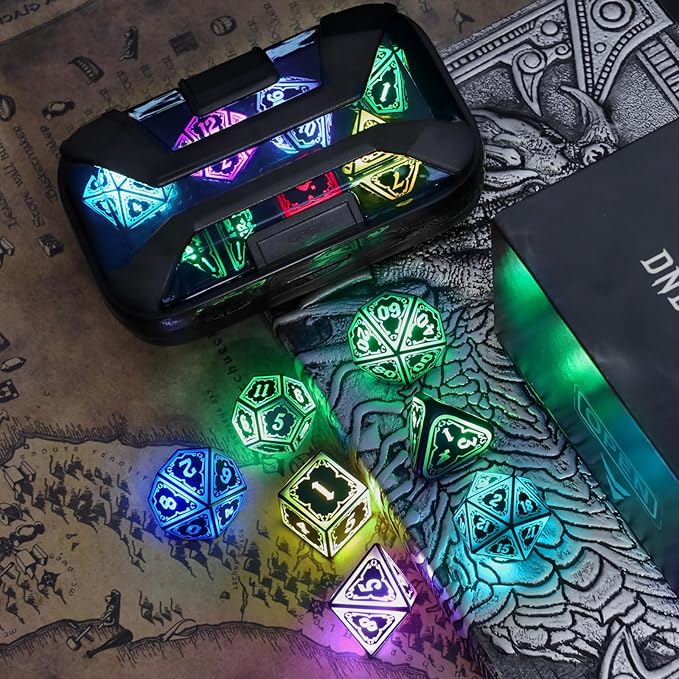 Wireless Light Up Dice Set D&D RGB for Dungeons and Dragons,Cool LED DND Dice with Charging Box Rechargeable 7 Color Polyhedral Role Playing Dice for DND Gifts RPG(Astral Shard Black)