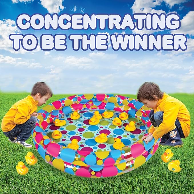 Gamie Duck Pond Matching Game & Dart Balloon Game for Kids, Includes 20 Plastic Ducks with Numbers and 3" x 6" Inflatable Pool & Includes 144 Dart Balloons and 11 Plastic Darts with Copper Tips