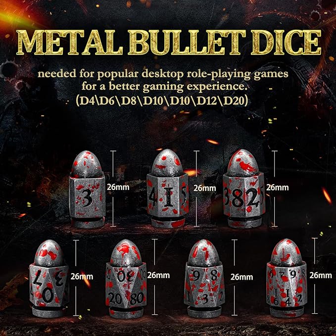 Bullet Dice Set, DND Dice Metal Revolver，ZHOORQI D6 Gun Dice D&D Gifts for Dungeons and Dragons, RPGs(7-Blood Silver)