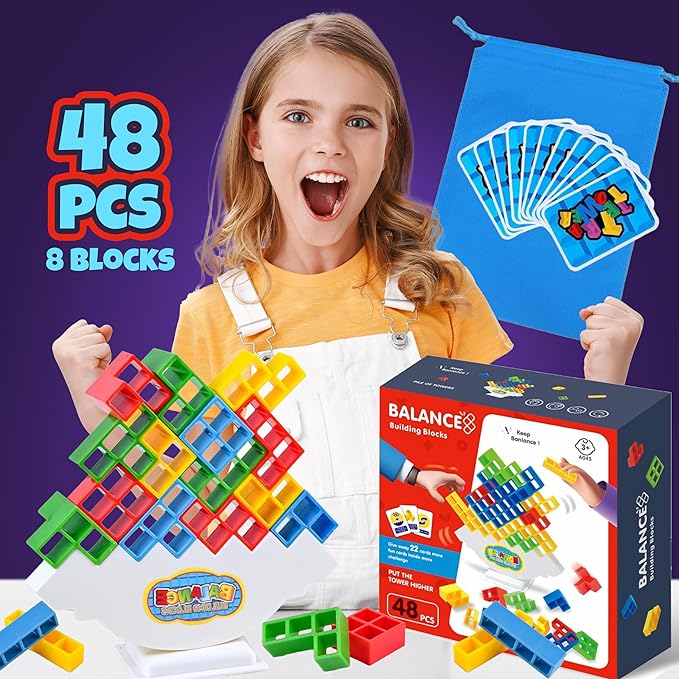 Tetra Stack Tower Attack Game - 48PCS Building Blocks Balance Game, Board Games for Family Night, Team Tower Game 2+ Players Balance Stacking Toy, Fun Tower Game - Kids & Adults