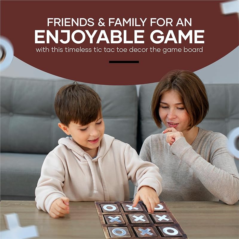 Wooden Tic Tac Toe Game | Board game for kids and family | Table Top Living Room Decor Fun Game | Indoor Outdoor Adults classic Travel Game (Burnt Wood)