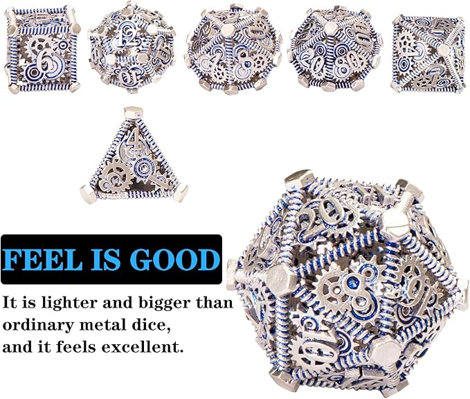 DND Metal Dice Set, UBEUCK 7PCS Gear Metal DND Dice Set for Dungeons & Dragons Board Games Boxes (Gear Blue)