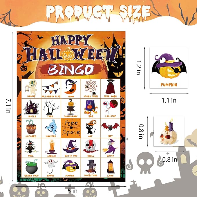 Halloween Bingo Set - 24 Player Game with Bingo Cards for Adults, Family Activities & Party Supplies