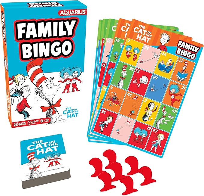 AQUARIUS Cat in The Hat Family Bingo Game - Fun Family Party Game for Kids, Teens & Adults - Entertaining Game Night Gift - Officially Licensed Merchandise