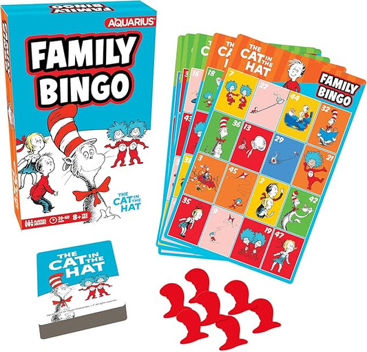 AQUARIUS Cat in The Hat Family Bingo Game - Fun Family Party Game for Kids, Teens & Adults - Entertaining Game Night Gift - Officially Licensed Merchandise