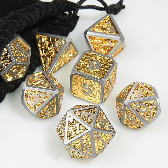 Metal DND Dice Set,Colorful Dragon Scales DND Dice 7-Pcs Metal Polyhedral Dice Set for Dungeons and Dragons RPG MTG Table Games(Silver-Gold)