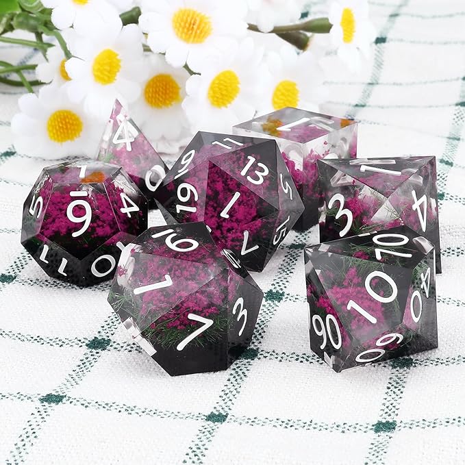 Haxtec Flower D&D Dice Set with Case - Polyhedral Dice, Sharp Edge Resin Dicia for TTRPGs DND Gift