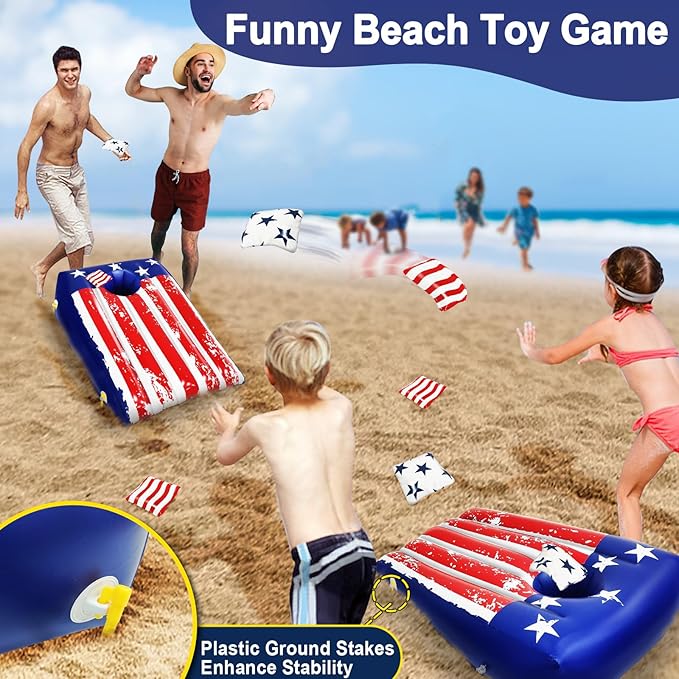 Pool Cornhole, 2 Pack Cornhole Boards 8 Bean 8 Stake, Pool Games for Adults Teen Family, Inflat American Flag Pools Toy Bean Bag Toss Game Pools & Beach & Ground Multi Occasions Summer Patriotic Party