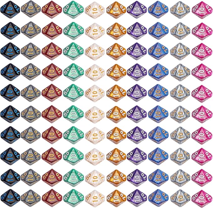 CiaraQ DND Polyhedral Dice (100pcs) with A Dice Bag Compatible with Dungeons and Dragons DND RPG MTG Role Playing Table Games (D% dice, 10 colors-100 pcs)