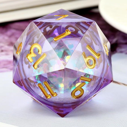 Liquid Dice D20 33mm,DNDND Glitter and Paillette Liquid 20 Sided Dice with Gorgeous Gift Box for Dungeons and Dragons (Lilac)