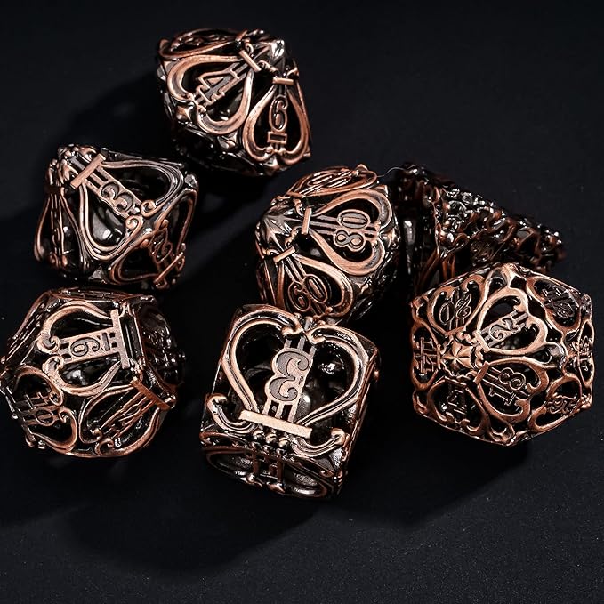 Cusdie 7-Die Metal Dice Set - Hollow Design with Bells - Crisp Sounding Gaming Dice in Tin Box - Perfect for Tabletop RPGs & Board Games(Ancient Copper)