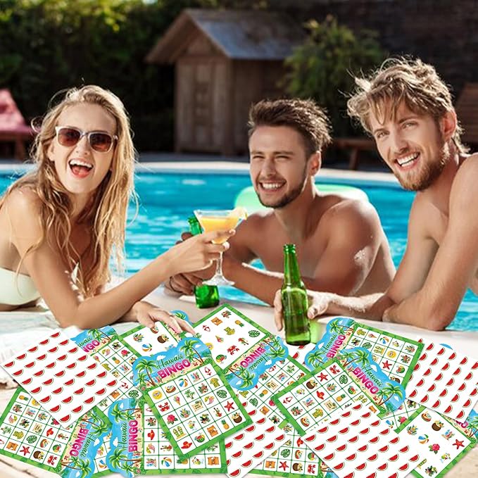 Summer Bingo Game Cards for Kids Adults, 24 Players Tropical Hawaiian Bingo Cards for School Classroom Family Activities Summer Party Favors Supplies