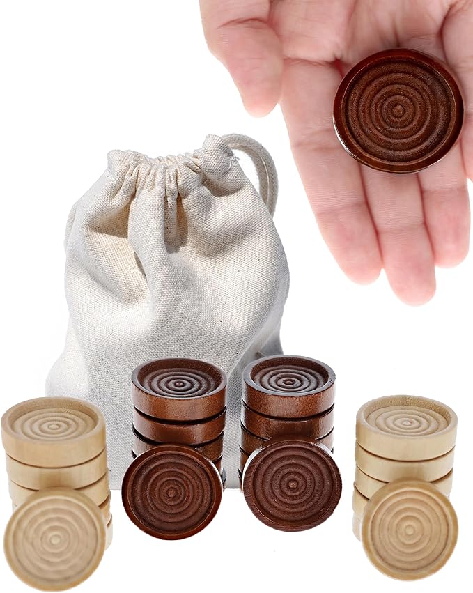 WE Games Wooden Checkers Pieces Only (1.5 inch), Checker Board Game & Backgammon Pieces, 24 Brown and Natural Stained Stackable Ridges with a Drawstring Storage Bag, Replacement Game Piece