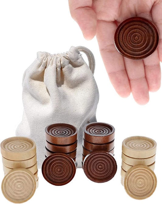 WE Games Wooden Checkers Pieces Only (1.5 inch), Checker Board Game & Backgammon Pieces, 24 Brown and Natural Stained Stackable Ridges with a Drawstring Storage Bag, Replacement Game Piece