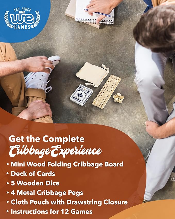 WE Games Travel Cribbage Board Game Set – Foldable 2-Track Mini Wooden Cribbage Board with Cards, Dice, Metal Pegs & Storage Bag – Portable Game
