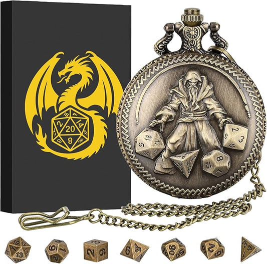 Mini DND Dice Set, Hand Held Dice Wizard Pocket Watch Shell Case, 7 Piece Polyhedral Metal D&D Dice Set, DND Gifts with Gift Box, Role Playing Board Game Accessories, Bronze