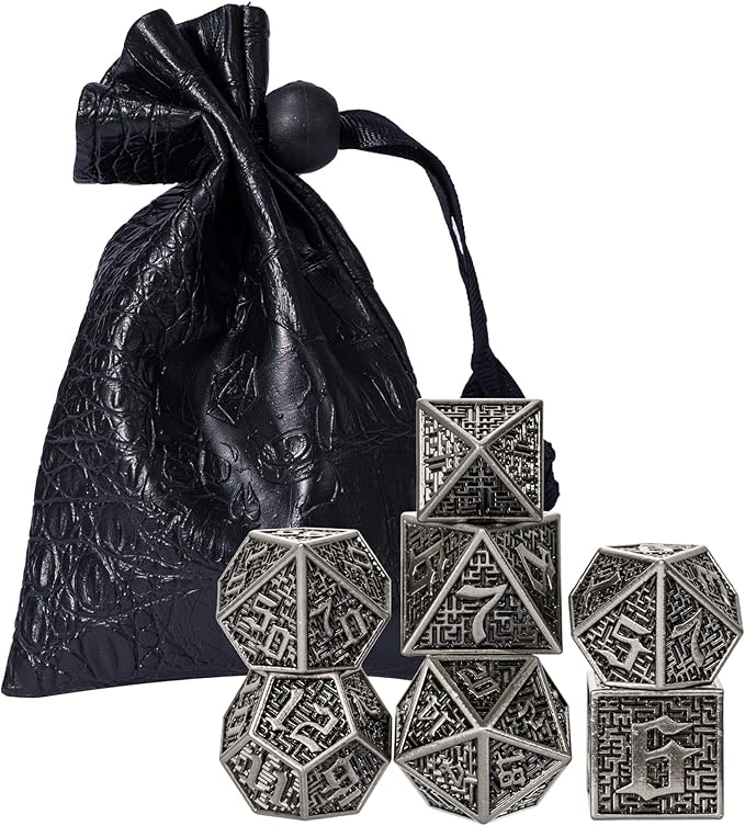 UDIXI Metal DND Dice 7PCS Polyhedral Dice Set D&D Metal Dice Ancient Silver for RPG Dungeons and Dragons Role Playing Games
