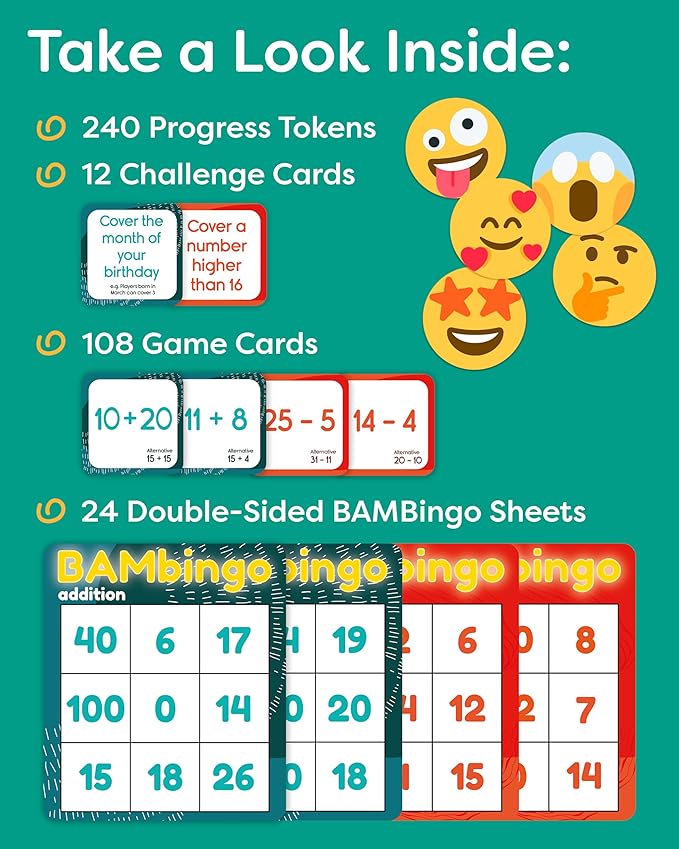 Addition and Subtraction Facts Bingo Game - 1st 2nd & 3rd Grade Educational Math Learning for Classroom & Homeschool