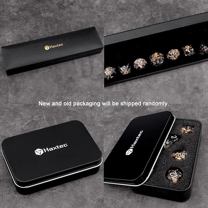 Haxtec DND Dice Set Black Sharp Edge Resin Dice Gold Flakes with Dice Case Black White Gold D&D Dice for RPG Role Playing Games Dungeons and Dragons Gift War Series