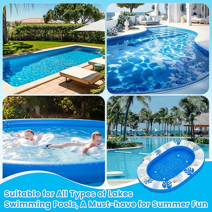 Extra Large Floating Games Table with Waterproof Playing Cards, Inflatable Pool Bar for Adults, Pool Accessories Hot Tub Tray Inflatable Food Drink Holder for Summer Party Indoor Outdoor Beach Pool