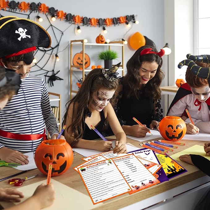 Kathfly 120 Pcs Halloween Games for Adults Include 2 Sets 40 Halloween Games Cards 20 Answer Cards and 20 Pencils, Baby Shower Party Supplies Word Scramble for Adults Groups (Horrible)