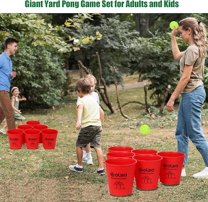 Olsa Giant Pong Yard Games, Yard Pong Outdoor Games for Adults and Family, Toss Backyard Lawn Games with 12 Buckets, Balls, Strength Carrying Bag for Beach Camping Backyard Party(Red)