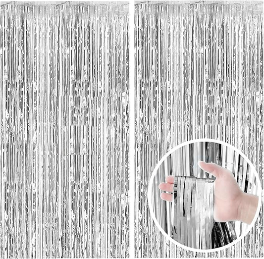2 Pack Silver Backdrop Curtain Party Decorations Foil Fringe Backdrop Silver Tinsel Streamers Birthday Bachelorette New Year Christmas Wedding Baby Shower Disco Party Decorations