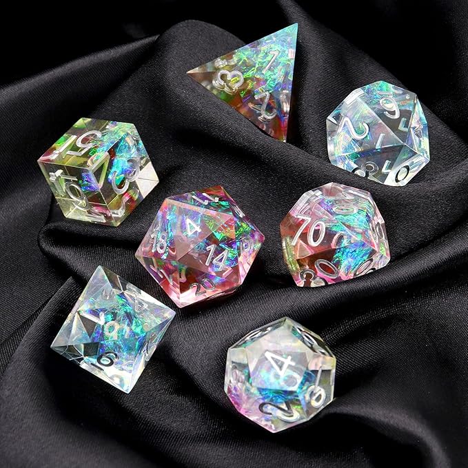 Haxtec Rainbow Sharp Edge Dice Set DND Dice with Iridescent Mylar Resin Dice Galaxy D&D Dice for RPG Role Playing Dungeons and Dragons Gift