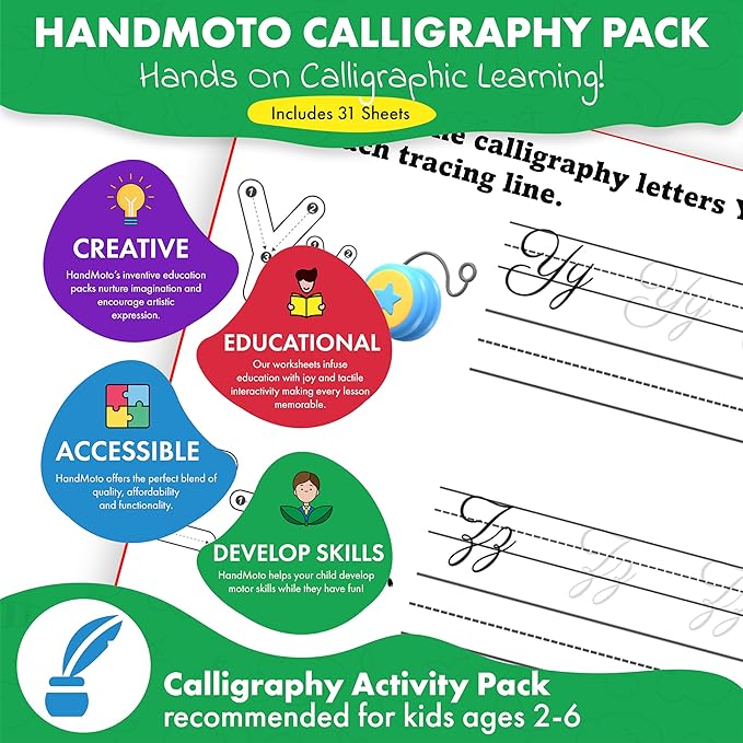 HANDMoto Calligraphy Workbook for Kids - Our Calligraphy Practice Activity Sheets make Practicing Easy and Enjoyable - Our Calligraphy Kits for Beginners are easy to use with our Whiteboard, 9x12