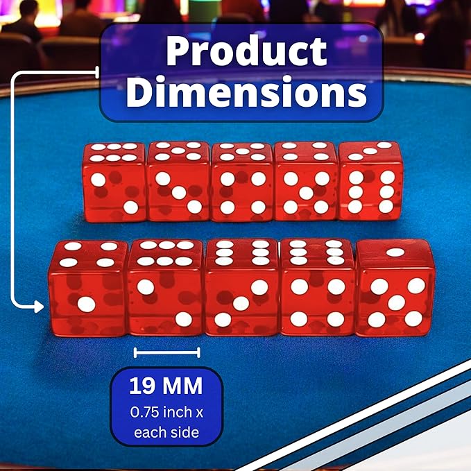 Luck Lab 10 Piece 19 mm Dice Pack - Acrylic and Translucent D6 Dice, Square w/Rounded Edge for Casino, Craps, RPG MTG DND Dice Table Games and Board Games (Red)